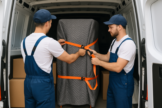 Beiladung Essen – Helfer sichert Ladung im Transporter